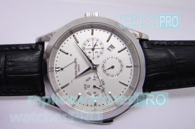 Copy Patek Philipe Complication Silver Dial Black Leather Strap Watch